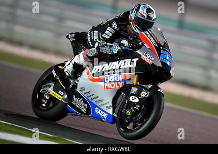 Doha, Qatar. 9th Mar, 2019. German Moto2 rider Marcel Schrotter of Dynavolt Intact GP competes during the Moto2 qualifying 2 session of 2019 MotoGP Grand Prix of Qatar in Losail Circuit of Doha, capital of Qatar, on March 9, 2019. Credit: Nikku/Xinhua/Alamy Live News Stock Photo