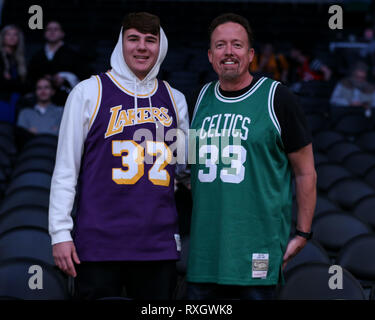 Fans showing old school players during the Boston Celtics vs Los Angeles Lakers game at Staples Center in Los Angeles, CA on March 09, 2019. (Photo by Jevone Moore) Stock Photo