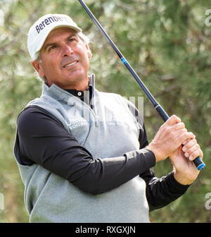 Newport Beach, California, USA. 9th Mar, 2018. Fred Couple watches his drive on the 11th hole during the second round of the Hoag Classic at the Newport Beach Country Club in Newport Beach, California on March 9, 2019. Credit: Doug Gifford/ZUMA Wire/Alamy Live News Stock Photo