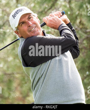 Newport Beach, California, USA. 9th Mar, 2018. Fred Couple watches his drive on the 11th hole during thesecond round of the Hoag Classic at the Newport Beach Country Club in Newport Beach, California on March 9, 2019. Credit: Doug Gifford/ZUMA Wire/Alamy Live News Stock Photo