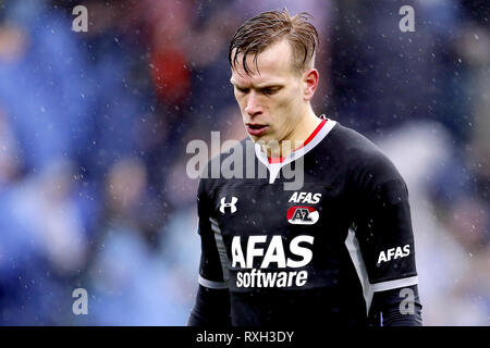 ZWOLLE , 10-03-2019 , MAC3PARK stadion , season 2018 / 2019 , Dutch Eredivisie . AZ goalkeeper Marco Bizot dejected after the game PEC - AZ . Stock Photo