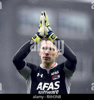 ZWOLLE , 10-03-2019 , MAC3PARK stadion , season 2018 / 2019 , Dutch Eredivisie . AZ goalkeeper Marco Bizot dejected after the game PEC - AZ (0-0). Stock Photo