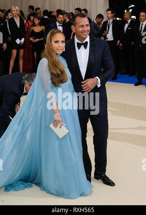 New York, NY, USA. 1st May, 2017. 09 March 2018 - Music icon Jennifer Lopez and retired baseball star Alex Rodriguez are engaged after two years of dating. The couple then made their red carpet debut at the Met Gala in May 2017 and have inseparable since. File photo: 01 May 2017 - New York, New York - Jennifer Lopez, Alexander Rodriguez. 2017 Metropolitan Museum of Art Costume Institute Benefit Gala at The Metropolitan Museum of Art. Photo Credit: Christopher Smith/AdMedia Credit: Christopher Smith/AdMedia/ZUMA Wire/Alamy Live News Stock Photo