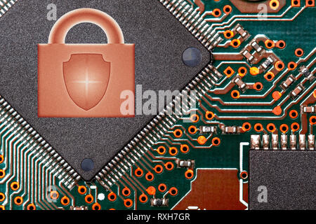 close up circuit digital chip with lock logo. security technologies concept. Stock Photo
