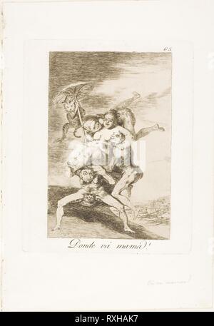 Where is Mother Going?, plate 65 from Los Caprichos. Francisco José de Goya y Lucientes; Spanish, 1746-1828. Date: 1797-1799. Dimensions: 181 x 119 mm (image); 206 x 165 mm (plate); 301 x 207 mm (sheet). Etching and aquatint on ivory laid paper. Origin: Spain. Museum: The Chicago Art Institute. Stock Photo