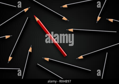 Business concept of leadership, standing out from the crowd or think different; red pencil in group of black pencils; minimal concept flat lay Stock Photo