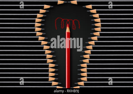 Creativity, idea or brainstorming business concept, lightbulb shape formed by black pencils with red pencil in the middle, minimal concept flatlay Stock Photo