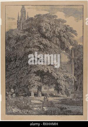 Gothic Church Behind an Oak Grove with Tombs. Karl Friedrich Schinkel; German, 1781-1841. Date: 1810. Dimensions: 482 x 342 mm (image/plate); 523 x 382 mm (sheet). Lithograph in black, with white heightening, on brown wove paper. Origin: Germany. Museum: The Chicago Art Institute. Stock Photo