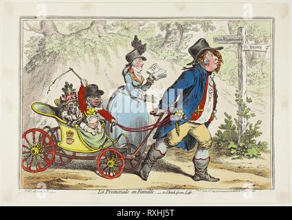 La Promenade en Famille- A Sketch from Life. James Gillray (English, 1756-1815); published by Hannah Humphrey (English, c. 1745-1818). Date: 1797. Dimensions: 240 × 360 mm (image); 255 × 365 mm (plate); 285 × 405 mm (sheet). Hand-colored etching on paper. Origin: England. Museum: The Chicago Art Institute. Stock Photo