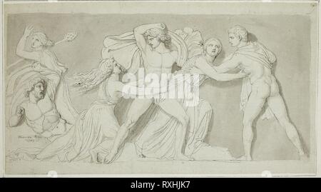 Amphion and Zethus Delivering their Mother Antiope from the Fury of Dirce and Lycus. John Flaxman; English, 1755-1826. Date: 1789. Dimensions: 161 × 292 mm (primary support); 233 × 357 mm (secondary support). Pen and gray ink and brush and gray wash, over graphite, on gray laid paper, laid down on ivory wove paper. Origin: England. Museum: The Chicago Art Institute.