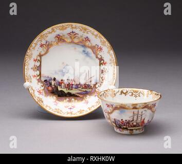 Tea Bowl and Saucer. Meissen Porcelain Manufactory; German, founded 1710. Date: 1730-1735. Dimensions: Cup: 4.5 x 7.6 cm (1 3/4 x 3 in.); Saucer: 12.1 cm (4 3/4 in.). Hard-paste porcelain, polychrome enamels, and gilding. Origin: Meissen. Museum: The Chicago Art Institute. Stock Photo