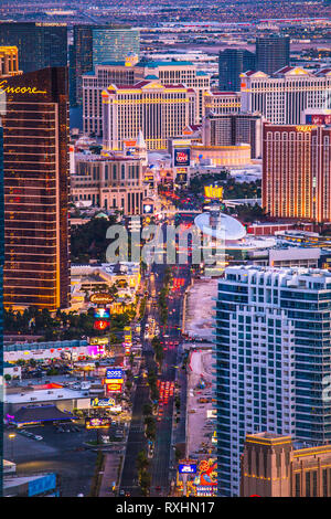 LAS VEGAS, NEVADA - MAY 15, 2018: View across the city of Las Vegas Nevada at night with lights and many hotel resorts and casinos in view Stock Photo