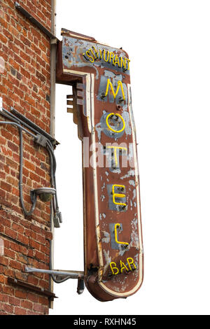 Isolated Grungy Retro Metal Motel, Restaurant And Bar Sign With Brick Wall And White Background Stock Photo