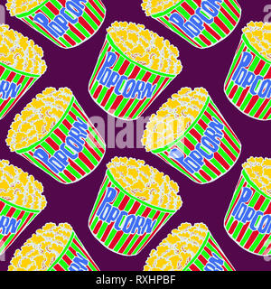 Popcorn in striped box, hand drawn doodle, sketch in pop art style, white outline, seamless pattern design on purple background Stock Photo