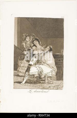 She Fleeces him, plate 35 from Los Caprichos. Francisco José de Goya y Lucientes; Spanish, 1746-1828. Date: 1797-1799. Dimensions: 195 x 135 mm (image); 216 x 153 mm (plate); 301 x 206 mm (sheet). Etching and aquatint on ivory laid paper. Origin: Spain. Museum: The Chicago Art Institute. Stock Photo