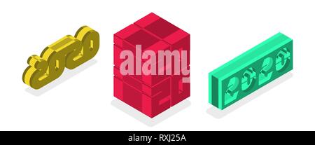 Isometric plastic set of 2020 text design. Happy New Year collection. Scalable and editable colour. Vector. Stock Vector