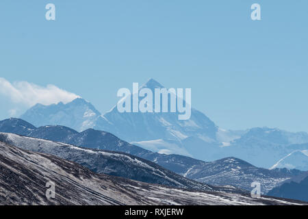 View of Mountain Everest, the highest peak on Earth, from the north (Tibet) side. Stock Photo