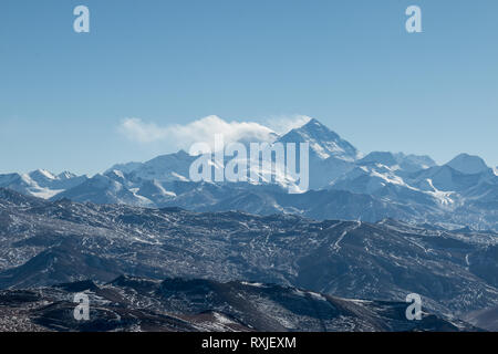 View of Mountain Everest, the highest peak on Earth, from the north (Tibet) side. Stock Photo