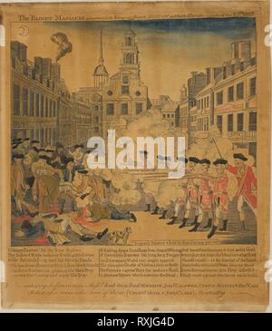 The Boston Massacre. Paul Revere, II; American, 1735-1818. Date: 1770. Dimensions: 202 x 219 mm (image); 262 x 230 mm (block); 276 x 240 mm (sheet). Wood engraving, with hand coloring, on tan laid paper. Origin: United States. Museum: The Chicago Art Institute. Stock Photo