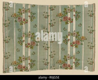 Panel (Dress Fabric). France. Date: 1775-1800. Dimensions: 30 × 50 cm (15 3/8 × 19 5/8 in.)  Point repeat: 26 cm (10 1/4 in.). Silk, stripes of warp-float faced satin weave and stripes of two-clor complementary weft plain weave with supplementary patterning warps and self-patterned by ground weft floats; both with supplementary brocading wefts. Origin: France. Museum: The Chicago Art Institute. Stock Photo