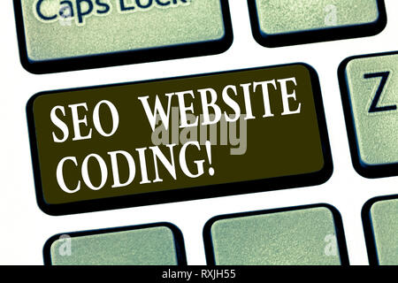Writing note showing Seo Website Coding. Business photo showcasing create site in way make it more visible to search engine Keyboard key Intention to  Stock Photo