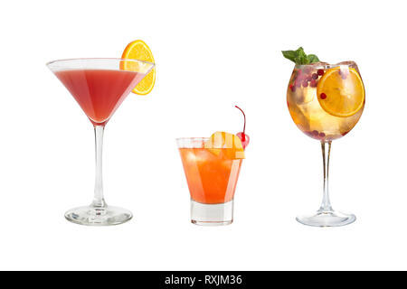 A variety of alcoholic drinks, beverages and cocktails on a white background. Three refreshing drinks in different glass goblets. Isolated. Stock Photo