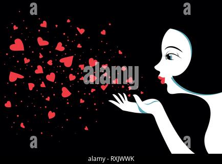 Cute girl blows with hands hearts. Air kiss Stock Vector