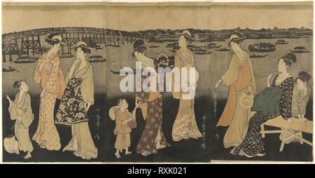 Women watching fireworks at Sumida River. Kitagawa Utamaro ??? ??; Japanese, 1753 (?)-1806. Date: 1790-1801. Dimensions: 38.3 x 75.2 cm (15 1/16 x 29 5/8 in.). Color woodblock print; oban triptych. Origin: Japan. Museum: The Chicago Art Institute.
