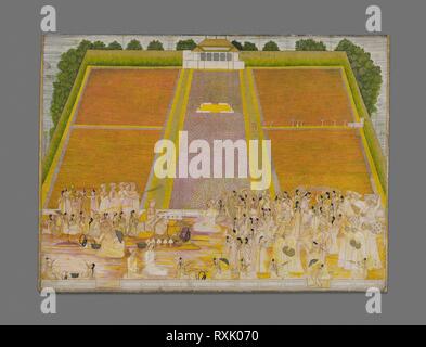 Holi Festival in a Walled Garden with Celebrants. India; West Bengal, Murshidabad, or Bihar, Patna. Date: 1760-1770. Dimensions: 47 x 63.5 cm (18.6 x 25.1 in.). Opaque watercolor and gold on paper. Origin: Murshidabad. Museum: The Chicago Art Institute. Author: INDIAN ART. Stock Photo