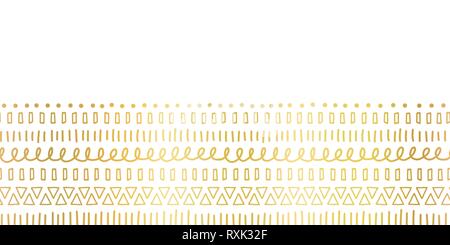 Seamless border Gold foil Ethnic and tribal motifs. Hand drawn golden doodle strokes, lines, triangles repeating ribbon. Modern decor for cards Stock Vector
