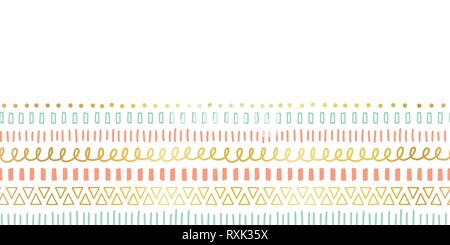 Seamless border doodle strokes, lines, triangles repeating vector pattern. Ethnic and tribal motifs, gold foil elements coral pink teal. Modern decor Stock Vector