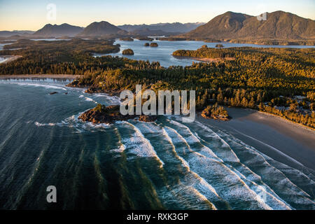 Aerial image of Cox Bay, Tofino and Clayoquot Sound Vancouver Island, BC Canada Stock Photo