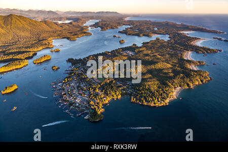 Aerial image of Tofino, Meares Island and Clayoquot Sound, Vancouver Island, BC Canada Stock Photo