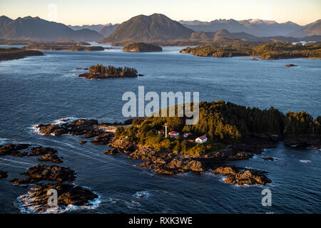 Aerial image of Lennard Island Lighthouse, Tofino and Clayoquot Sound, Vancouver Island, BC Canada Stock Photo