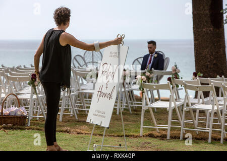 Australian beach wedding being held outside at Avalon Beach in Sydney,Australia, wedding preparations underway Stock Photo