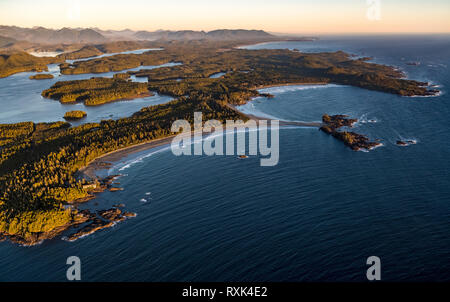 Aerial image of Chesterman Beach & Wickaninnish Inn, Tofino, Vancouver Island, BC Canada Stock Photo