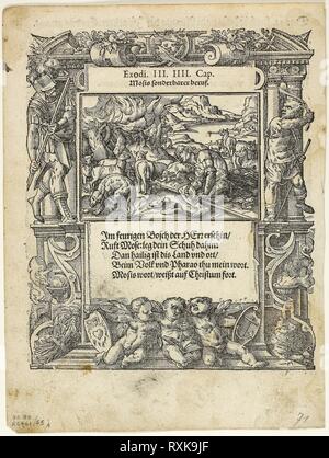 Moses and the Burning Bush (recto) and The Infant Moses Put into the River (verso) from Neue künstliche Figuren biblischer Historien, plate 55 from Woodcuts from Books of the XVI Century. Tobias Stimmer (Swiss, 1539-1584); assembled by Max Geisberg (Swiss, 1875-1943). Date: 1578-1579. Dimensions: 159 x 134 mm (image, recto); 159 x 134 mm (image, verso); 166 x 134 mm (image/text, verso); 200 x 151 mm (sheet). Woodcut on paper. Origin: Switzerland. Museum: The Chicago Art Institute. Stock Photo