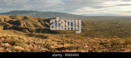 Panorama of Agua Caliente Hill, the Rincon Mountains, and Saguaro National Park in the Sonoran Desert of Tucson, Arizona. Stock Photo