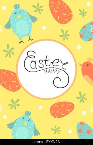 Cute vector Easter card. Easter eggs, spring holiday. Greeting card with birds. Stock Vector