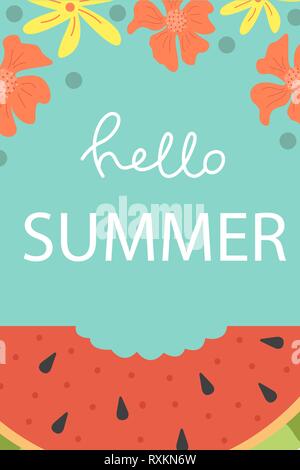 Cute poster of summertime. Vector design concept for summer. Watermelon slice. Hello summer. Stock Vector