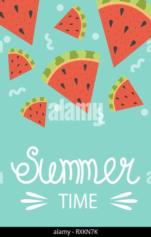 Cute poster of summertime. Vector design concept for summer. Watermelon slices. Summer time. Stock Vector