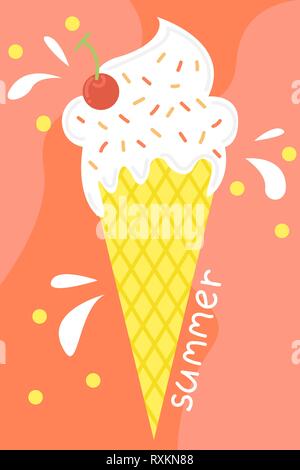 Cute poster of summertime. Vector design concept for summer. Ice cream in a waffle cone. Stock Vector