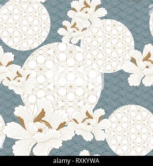 Flower element with Japanese pattern vector. Gold line floral ornament and geometric background. Wave pattern. Stock Vector