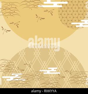 Japanese template with dragonfly elements vector. Circle and line background with natural ornaments. Stock Vector