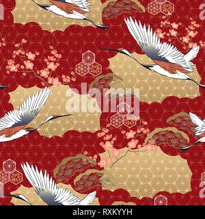 Japanese kimono pattern. Cherry blossom , Crane birds, pine tree with oriental motifs background vector. Stock Vector
