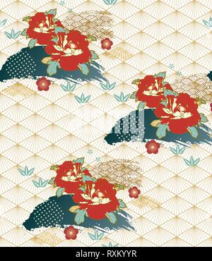 Japanese pattern with peony flower vector background. Asian Red floral template. Stock Vector