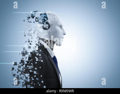 3d rendering ai robot explosion with pixelated effect Stock Photo