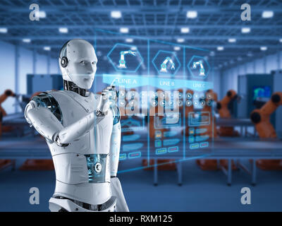 Automation factory concept with 3d rendering robot arm with warehouse ...