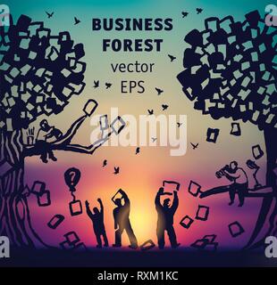 Abstract business forest people and documents silhouette and sky Stock Vector