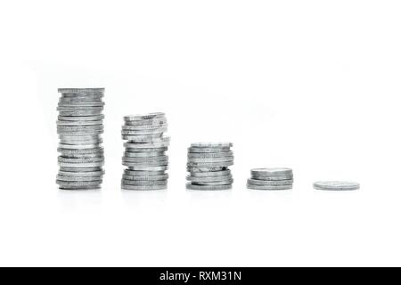 A column of small coins sorted from the highest to the lowest one. Symbolises the decrease of prices. Isolated on white background. Stock Photo